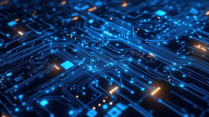 Obraz premium Abstract Blue Circuit Board with Glowing Lines and Orange Dots - Technology Background.
