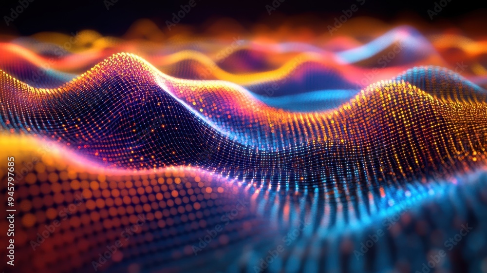 Poster abstract digital waves with glowing lights and bokeh effect.