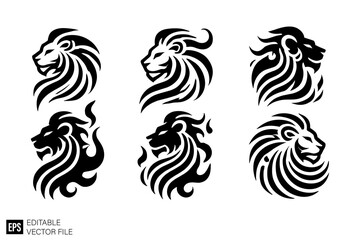 set of lion head graphic design vector clip art black and white silhouette templates