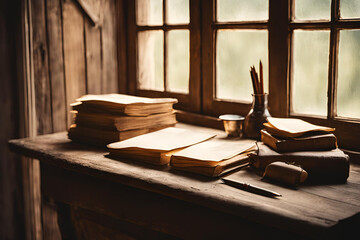 Pile of old books on an old wooden table. Letter writing set.