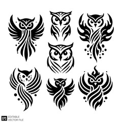 set of owl tribal tattoo graphic design vector clip art black and white silhouette templates