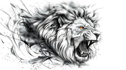 A powerful black and white illustration of a roaring lion with a splash of orange in its eye.