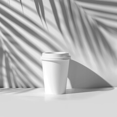 White Coffee Cup with Shadow Play from Palm Leaves