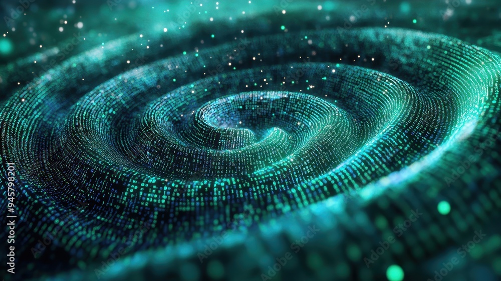 Poster abstract digital data flow - binary code in turquoise and green