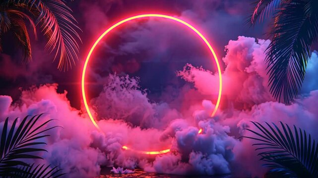 Vibrant neon circle illuminates colorful clouds and tropical foliage