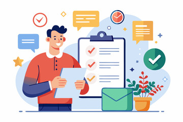 Customer survey, feedback to improve service, online and offline survey, review or poll rating, user satisfaction report or questionnaire concept, man with survey on clipboard paper, mobile and email.