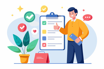 Customer survey, feedback to improve service, online and offline survey, review or poll rating, user satisfaction report or questionnaire concept, man with survey on clipboard paper, mobile and email.