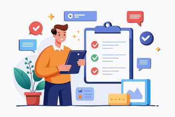 Customer survey, feedback to improve service, online and offline survey, review or poll rating, user satisfaction report or questionnaire concept, man with survey on clipboard paper, mobile and email.