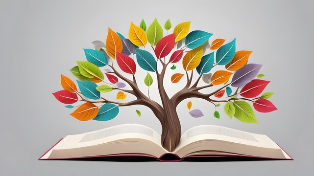 book with tree. Colorful tree with seasonal leaves sprouting from an open book