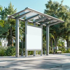 Modern Bus Stop with Blank Ad Display in Lush Green Setting