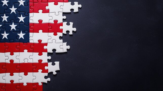 A creative puzzle piece pattern representing the American flag on a dark background, symbolizing unity and patriotism. - Powered by Adobe