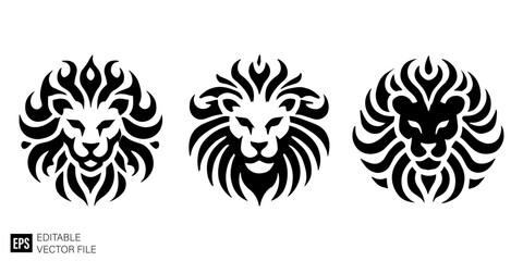 set of lion head graphic design vector clip art black and white silhouette templates