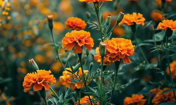 Vibrant orange marigold flowers blooming in garden against blurred green background