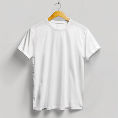 Plain White T Shirt on Wooden Hanger Against Grey Background
