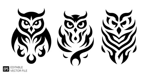 set of owl tribal tattoo graphic design vector clip art black and white silhouette templates