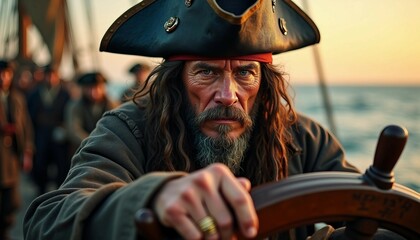 Fototapeta premium A close-up of a weathered pirate ship captain at the helm, exuding authority amid a bustling crew and ocean backdrop.