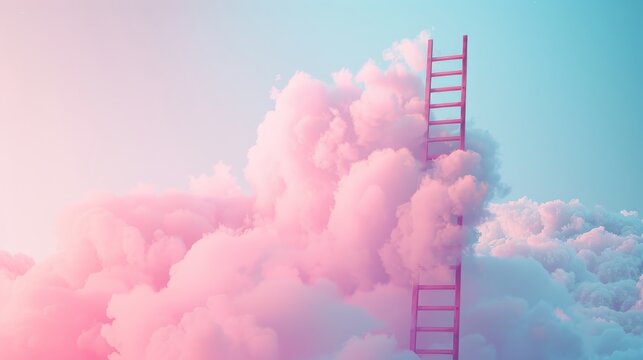 A ladder leading up into a fluffy cloud symbolizes reaching for dreams, achieving goals, and moving towards a brighter future. The pastel colors evoke a sense of hope, optimism, and new beginnings.