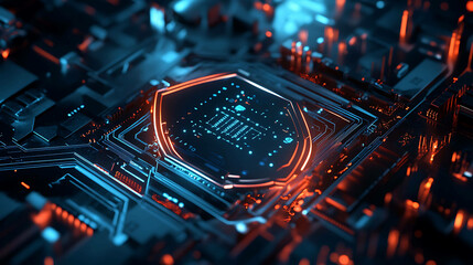 Obraz premium A futuristic abstract of a circuit board with a glowing blue shield in the center.