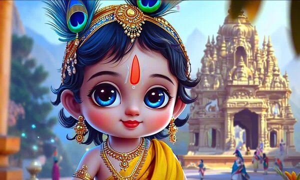 Charming baby Krishna with big eyes holding peacock feather against ornate temple background - Powered by Adobe