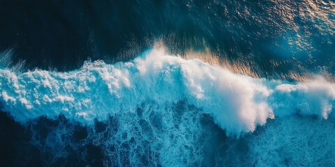 Aerial view of ocean waves crashing in the deep blue sea at sunrise
