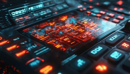 Calculator with holographic display, cool tones, high detail, futuristic style, digital art