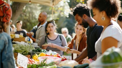 Fototapeta premium A bustling farmers market with diverse people engaging around vibrant, fresh produce under a sunny sky.