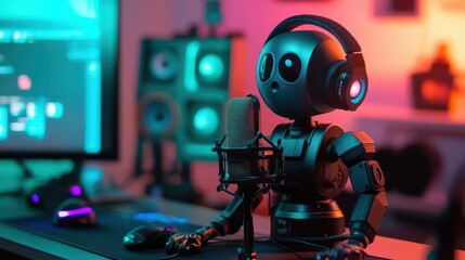 A futuristic robot with headphones sitting at a desk, ready to engage in a virtual experience in a colorful digital environment.