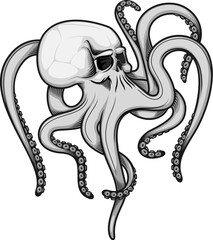 Octopus skull tattoo with tentacles in sketch doodle for death art, vector emblem. Underwater octopus or kraken monster with skeleton skull for bikers club or hard rock music band badge or t shirt © Vector Tradition