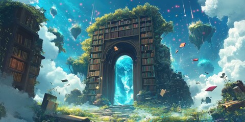 A magical library with bookshelves and a portal in the