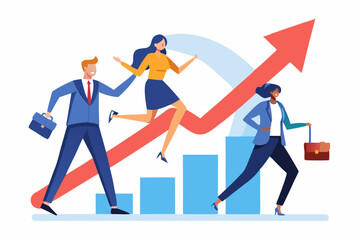 Leadership development, team success or motivation to lead team to reach goal, improvement or progress, growing together concept, businessman and woman team holding hand walk up rising growth arrow
