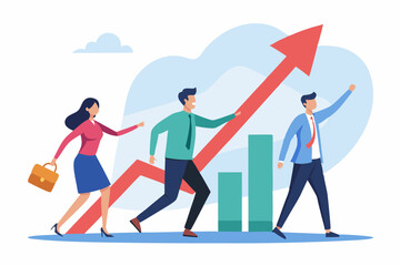 Leadership development, team success or motivation to lead team to reach goal, improvement or progress, growing together concept, businessman and woman team holding hand walk up rising growth arrow
