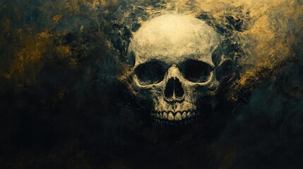 A Painted Human Skull Emerging from a Dark and Gold-Speckled Background
