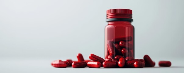 Red capsules and a red bottle on a light background. Medical concept. Pharmaceutical industry image.