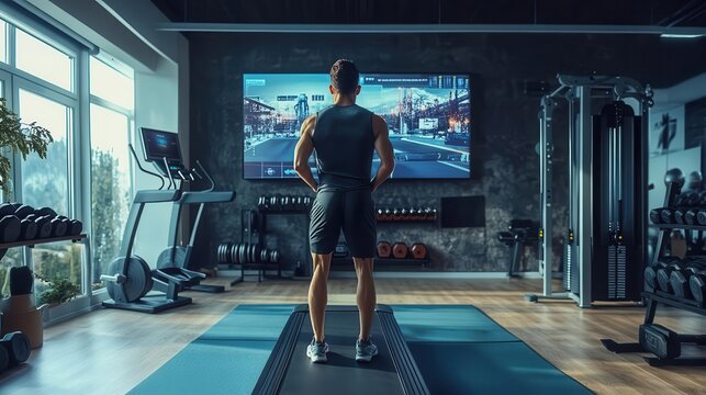 A man exercises on a treadmill while engaged with a virtual fitness program in a modern gym setting.