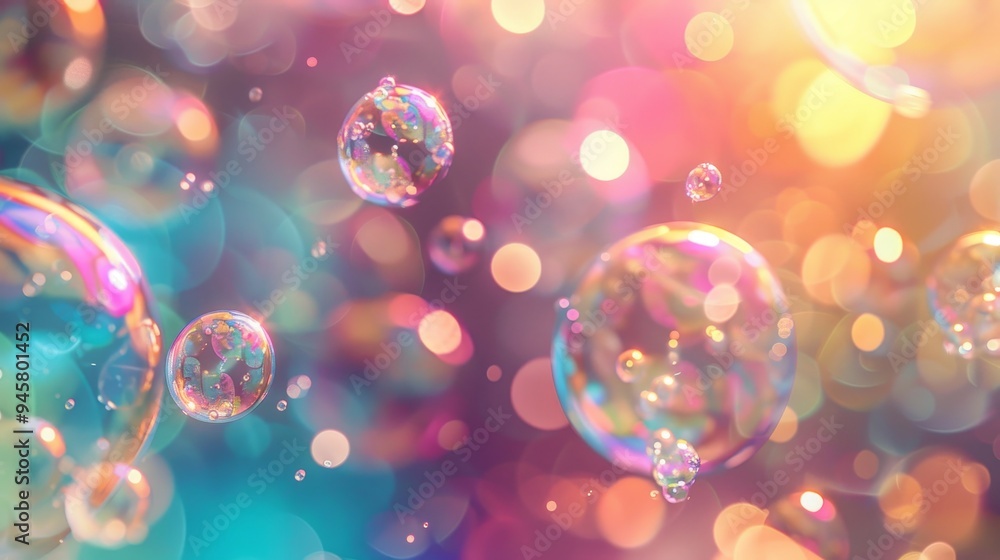 Poster a mesmerizing macro photograph of colorful soap bubbles floating in the air, with a backdrop of boke