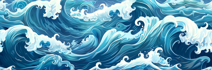 Fototapeta premium A mesmerizing seamless pattern of crashing blue ocean waves with white foam, symbolizing power, tranquility, nature, motion, and endless possibilities.
