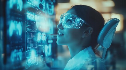 Dentist with dental tools, in a futuristic clinic with holographic diagnostics, cool tones, high detail, digital art