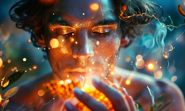 Young man as he connects with the magic of glowing orbs and vibrant foliage, embodying tranquility and wonder