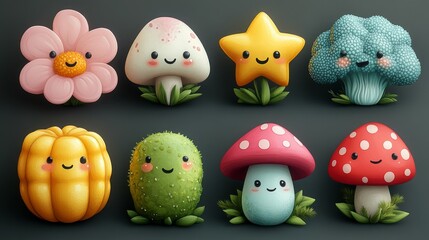 3d mushroom, star and other cartoon elements on white background