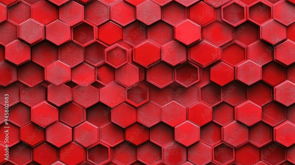 Poster a background filled with red hexagons, arranged in a repeating pattern,