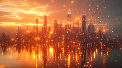 Fototapeta premium Cityscape at Sunset with Water Reflection