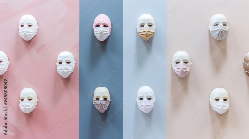 Poster a minimalist flat lay featuring white masks arranged in a symmetrical pattern on a pastel background