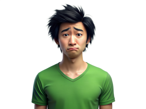 feeling sad, upset, stressed  cartoon 3D character man  black hair asian wearing green t-shirt , isolated  expression feelings of man, PNG
