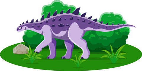Fototapeta premium Struthiosaurus prehistoric dinosaur character. Isolated cartoon vector genus of ankylosaurian dinos from the late cretaceous period. Ancient herbivore reptile animal with armored body among foliage