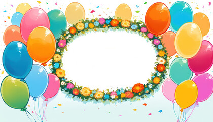 Happy Birthday Sale with Colorful Balloons and Floral Wreath