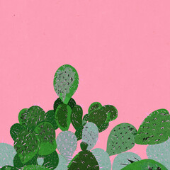 Ilustracja zielone kaktusy na różowym tle struktura szablon. Hand made drawing illustration. © Monika