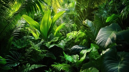Lush tropical foliage creating a vibrant and serene jungle atmosphere.