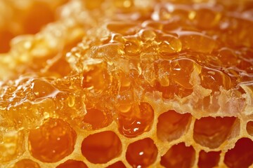 A close-up of honeycomb with fresh golden honey oozing out of the cells