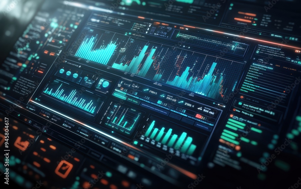 Poster futuristic digital interface with data graphs and charts - technology background.