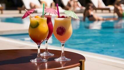 Close-up shot of glasses of delicious fruit cocktails on poolside